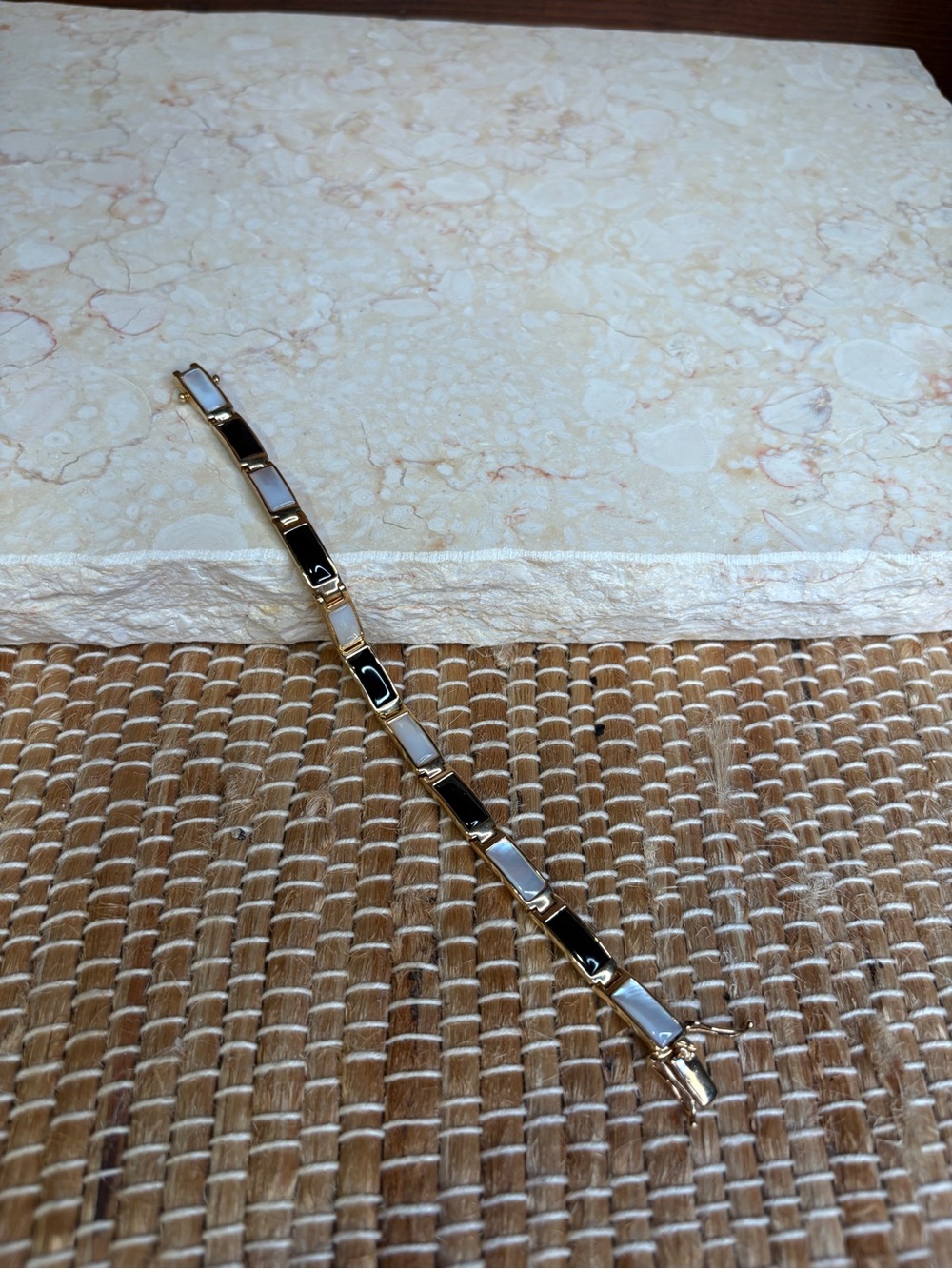 Gold Plated Sterling Silver, Onyx and Mother of Pearl Bracelet with Safety Latch